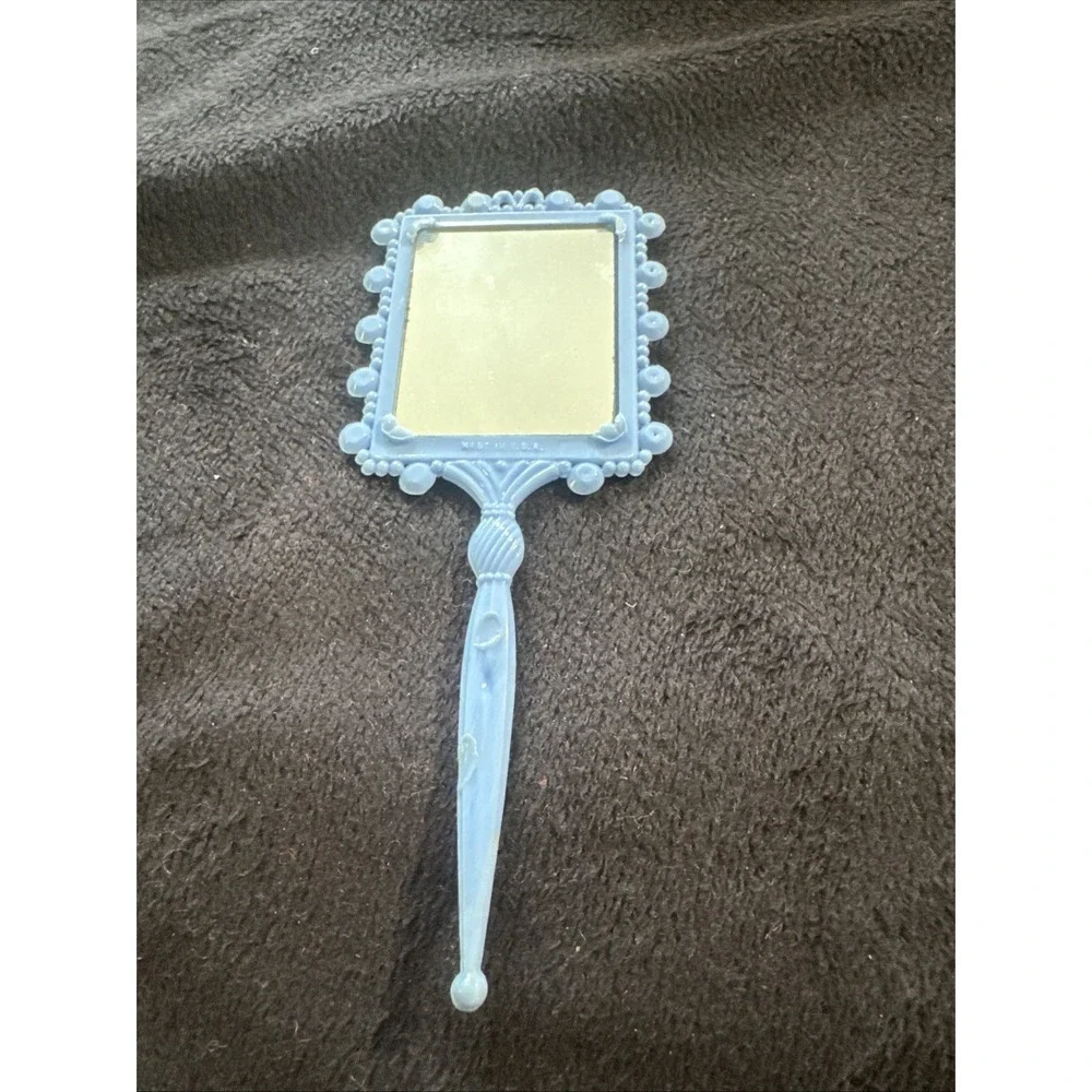 Vintage Small Blue Plastic Handheld Mirror‎ for Dolls, Made in USA